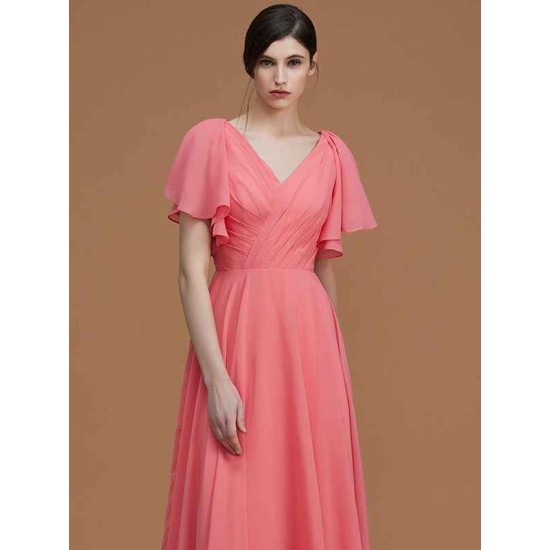 V-Neck Elegant Short Sleeves Ruched Chiffon Bridesmaid Dresses