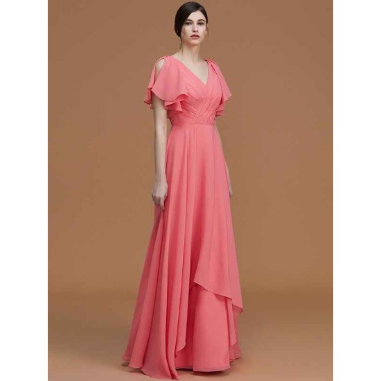 V-Neck Elegant Short Sleeves Ruched Chiffon Bridesmaid Dresses