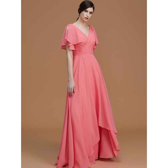 V-Neck Elegant Short Sleeves Ruched Chiffon Bridesmaid Dresses