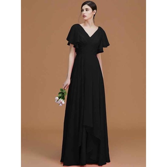 V-Neck Elegant Short Sleeves Ruched Chiffon Bridesmaid Dresses