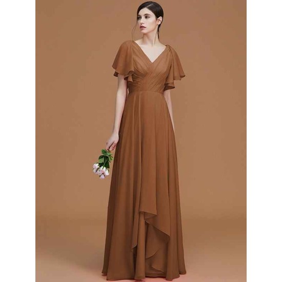 V-Neck Elegant Short Sleeves Ruched Chiffon Bridesmaid Dresses