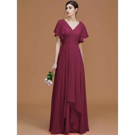 V-Neck Elegant Short Sleeves Ruched Chiffon Bridesmaid Dresses