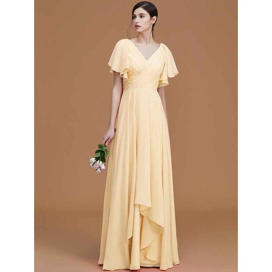 V-Neck Elegant Short Sleeves Ruched Chiffon Bridesmaid Dresses