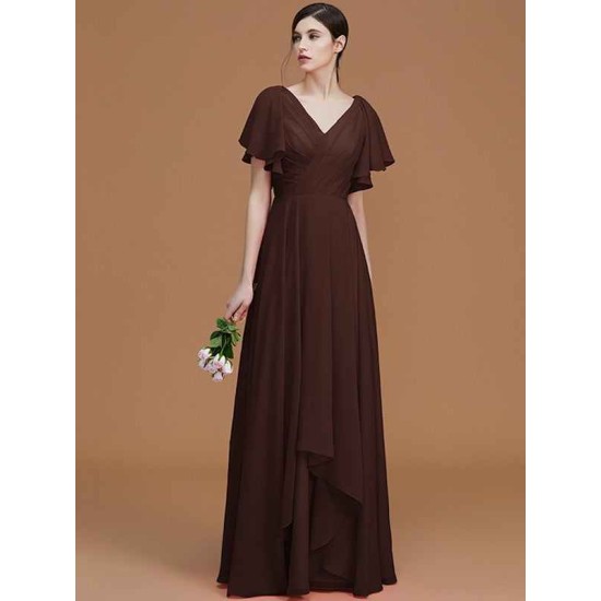 V-Neck Elegant Short Sleeves Ruched Chiffon Bridesmaid Dresses