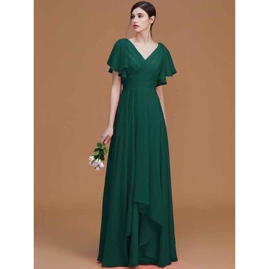 V-Neck Elegant Short Sleeves Ruched Chiffon Bridesmaid Dresses