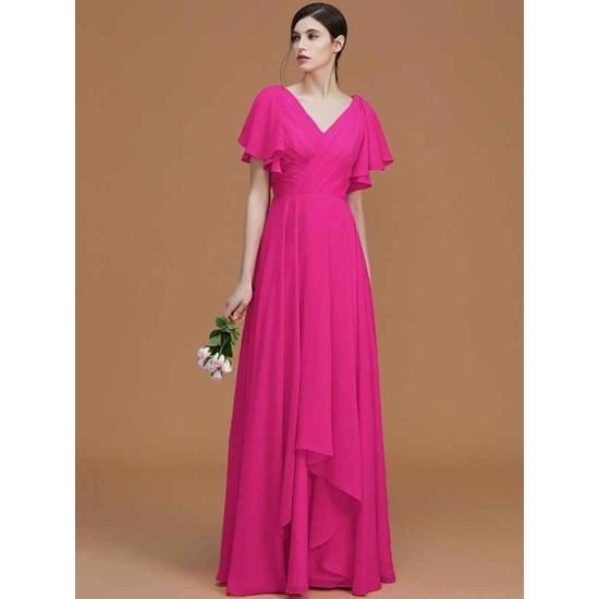 V-Neck Elegant Short Sleeves Ruched Chiffon Bridesmaid Dresses