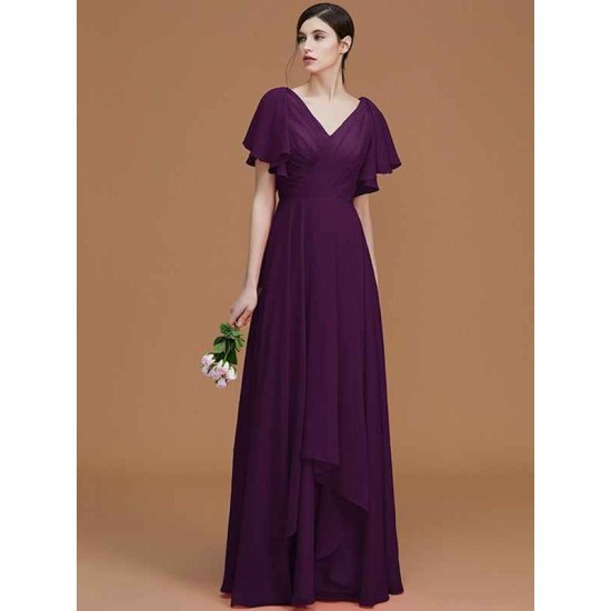 V-Neck Elegant Short Sleeves Ruched Chiffon Bridesmaid Dresses