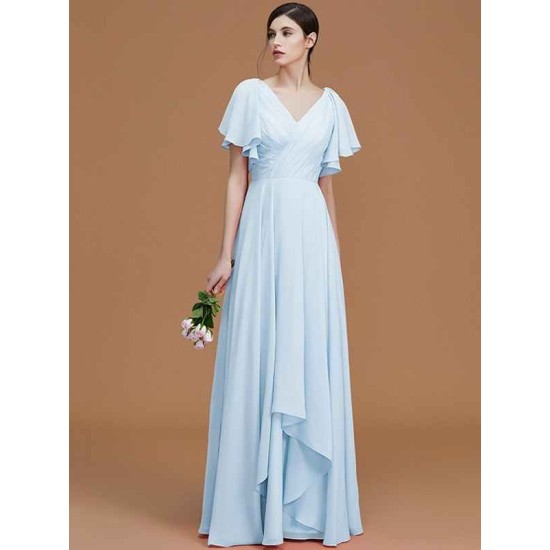 V-Neck Elegant Short Sleeves Ruched Chiffon Bridesmaid Dresses