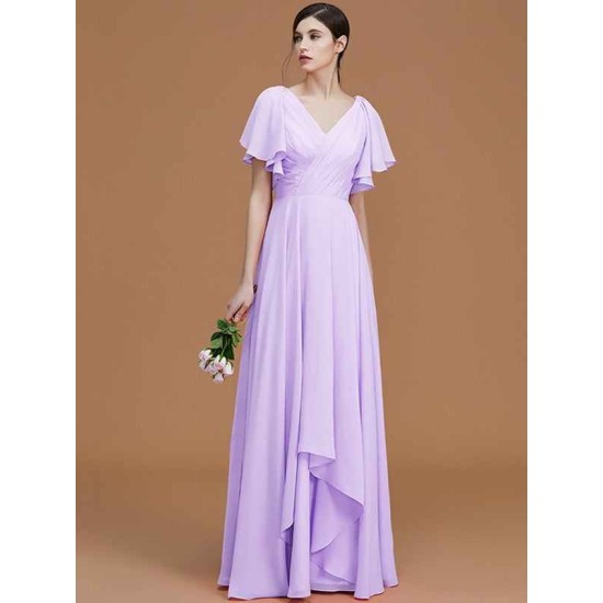 V-Neck Elegant Short Sleeves Ruched Chiffon Bridesmaid Dresses