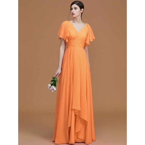 V-Neck Elegant Short Sleeves Ruched Chiffon Bridesmaid Dresses