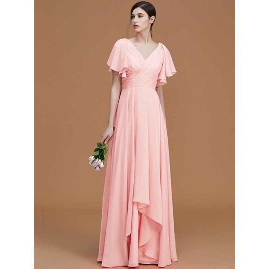 V-Neck Elegant Short Sleeves Ruched Chiffon Bridesmaid Dresses