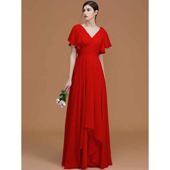 V-Neck Elegant Short Sleeves Ruched Chiffon Bridesmaid Dresses