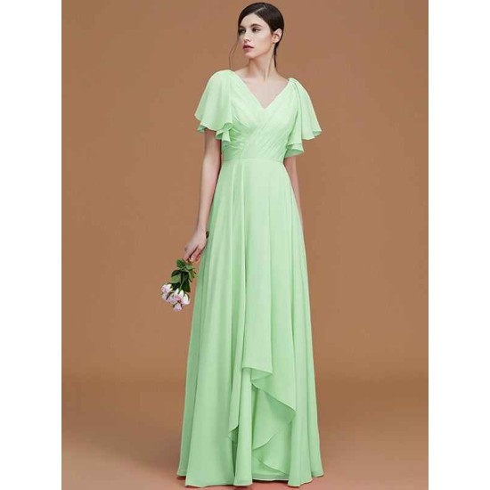 V-Neck Elegant Short Sleeves Ruched Chiffon Bridesmaid Dresses