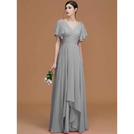 V-Neck Elegant Short Sleeves Ruched Chiffon Bridesmaid Dresses