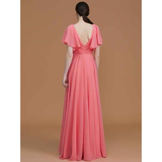 V-Neck Elegant Short Sleeves Ruched Chiffon Bridesmaid Dresses