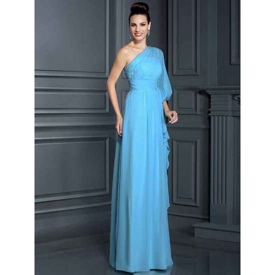 Charming One Shoulder 3/4 Sleeves Long Chiffon Bridesmaid Dresses
