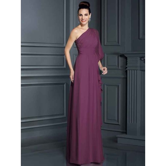 Charming One Shoulder 3/4 Sleeves Long Chiffon Bridesmaid Dresses