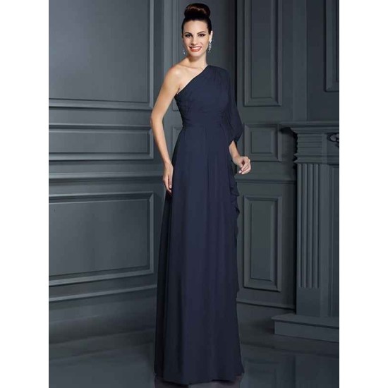 Charming One Shoulder 3/4 Sleeves Long Chiffon Bridesmaid Dresses