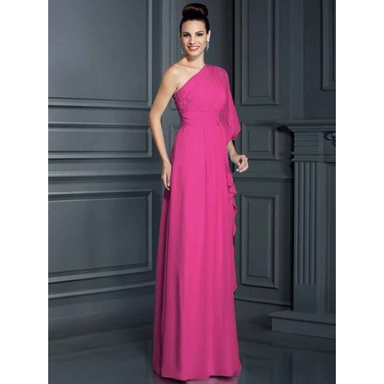 Charming One Shoulder 3/4 Sleeves Long Chiffon Bridesmaid Dresses