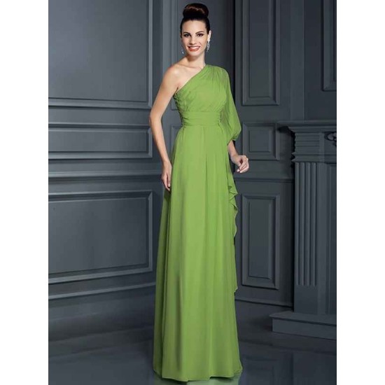 Charming One Shoulder 3/4 Sleeves Long Chiffon Bridesmaid Dresses