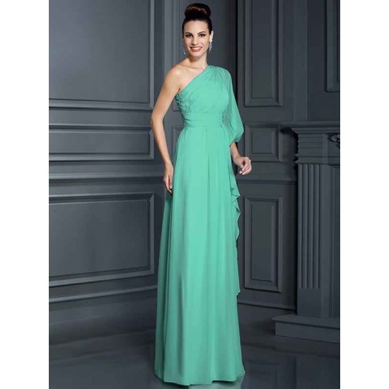 Charming One Shoulder 3/4 Sleeves Long Chiffon Bridesmaid Dresses