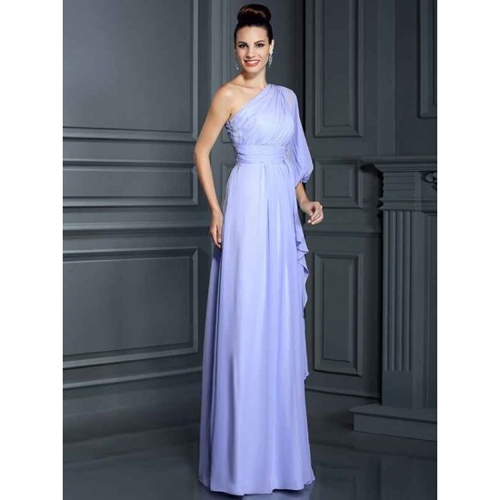 Charming One Shoulder 3/4 Sleeves Long Chiffon Bridesmaid Dresses