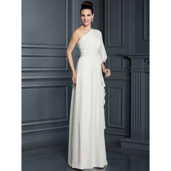 Charming One Shoulder 3/4 Sleeves Long Chiffon Bridesmaid Dresses
