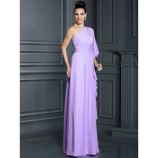 Charming One Shoulder 3/4 Sleeves Long Chiffon Bridesmaid Dresses