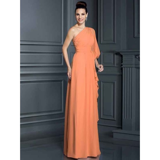 Charming One Shoulder 3/4 Sleeves Long Chiffon Bridesmaid Dresses