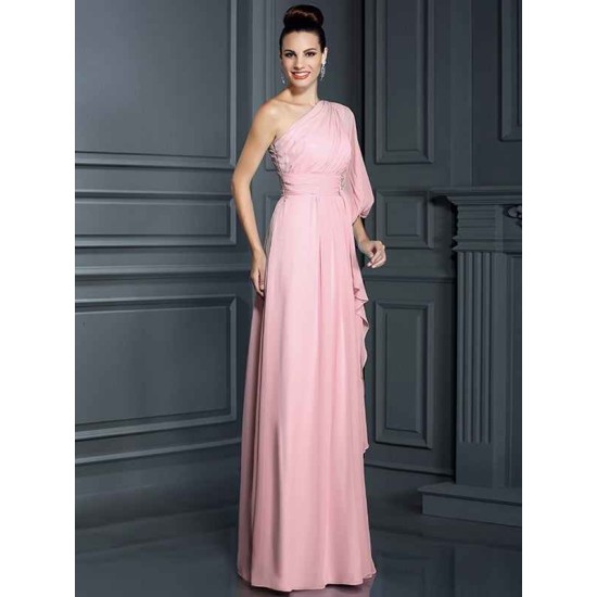 Charming One Shoulder 3/4 Sleeves Long Chiffon Bridesmaid Dresses