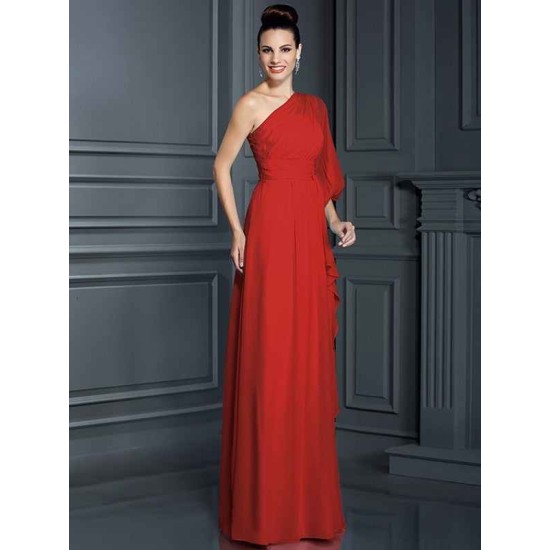 Charming One Shoulder 3/4 Sleeves Long Chiffon Bridesmaid Dresses