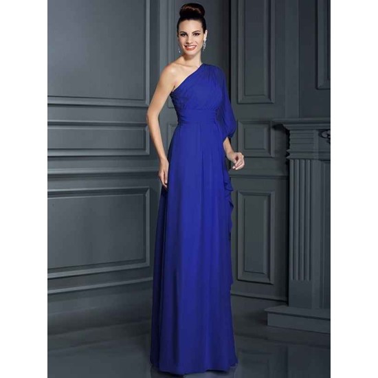 Charming One Shoulder 3/4 Sleeves Long Chiffon Bridesmaid Dresses