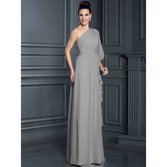 Charming One Shoulder 3/4 Sleeves Long Chiffon Bridesmaid Dresses