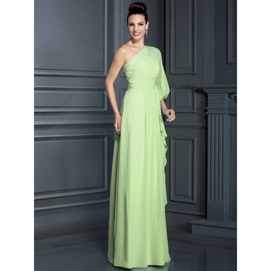 Charming One Shoulder 3/4 Sleeves Long Chiffon Bridesmaid Dresses