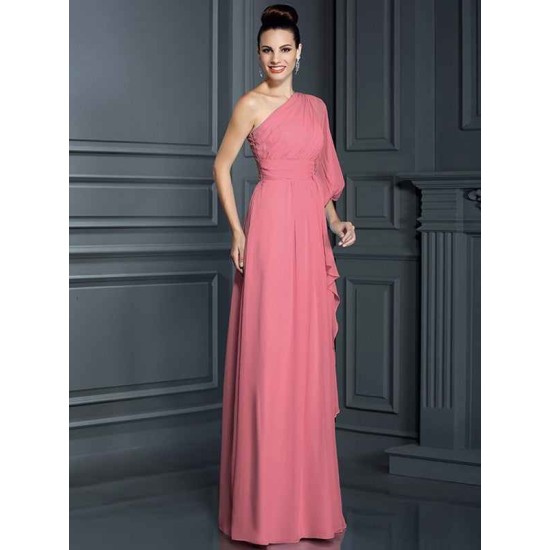 Charming One Shoulder 3/4 Sleeves Long Chiffon Bridesmaid Dresses
