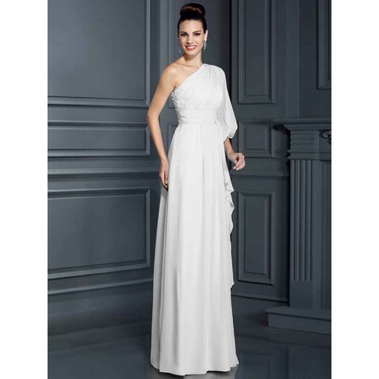 Charming One Shoulder 3/4 Sleeves Long Chiffon Bridesmaid Dresses
