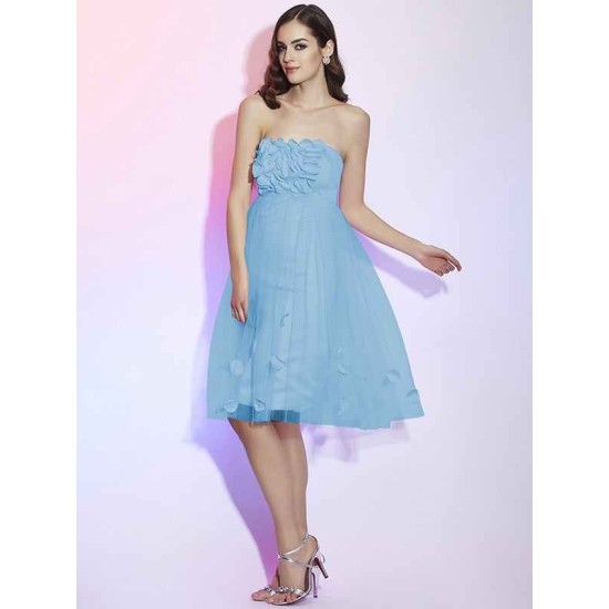 Charming Strapless Sleeveless Hand-Made Flower Short Net Bridesmaid Dresses