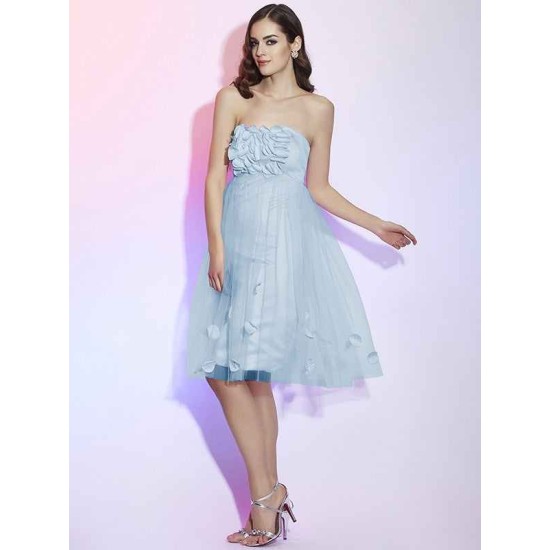 Charming Strapless Sleeveless Hand-Made Flower Short Net Bridesmaid Dresses