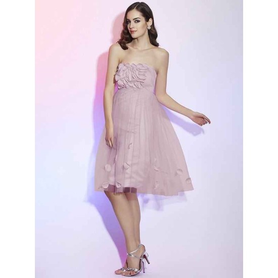 Charming Strapless Sleeveless Hand-Made Flower Short Net Bridesmaid Dresses