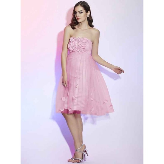 Charming Strapless Sleeveless Hand-Made Flower Short Net Bridesmaid Dresses