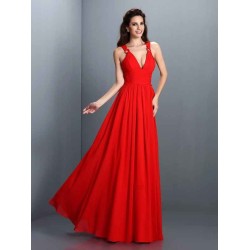 V-Neck Elegant Pleats Sleeveless Long Chiffon Bridesmaid Dresses