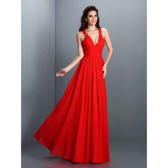 V-Neck Elegant Pleats Sleeveless Long Chiffon Bridesmaid Dresses