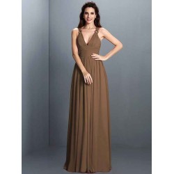 V-Neck Elegant Pleats Sleeveless Long Chiffon Bridesmaid Dresses