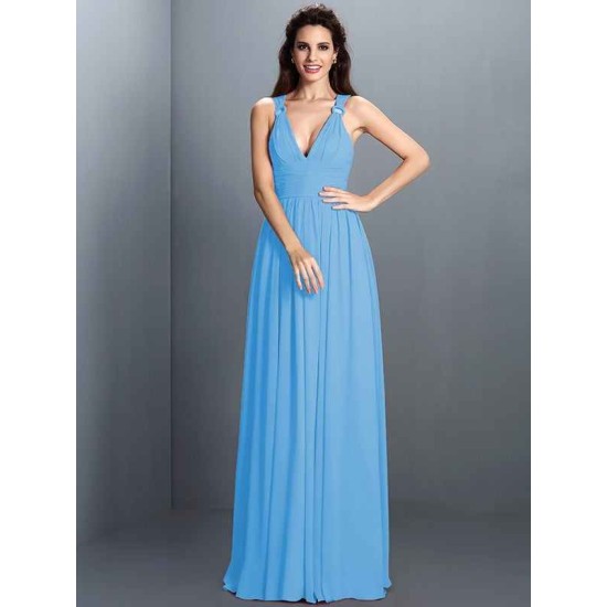V-Neck Elegant Pleats Sleeveless Long Chiffon Bridesmaid Dresses