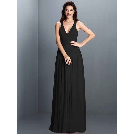 V-Neck Elegant Pleats Sleeveless Long Chiffon Bridesmaid Dresses