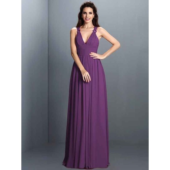 V-Neck Elegant Pleats Sleeveless Long Chiffon Bridesmaid Dresses