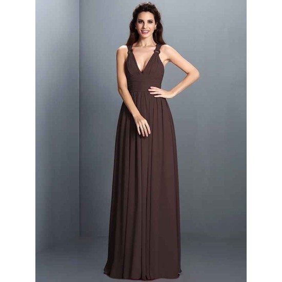 V-Neck Elegant Pleats Sleeveless Long Chiffon Bridesmaid Dresses