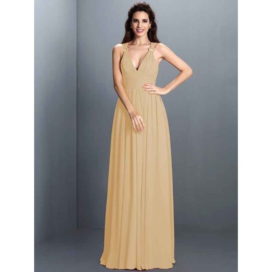 V-Neck Elegant Pleats Sleeveless Long Chiffon Bridesmaid Dresses