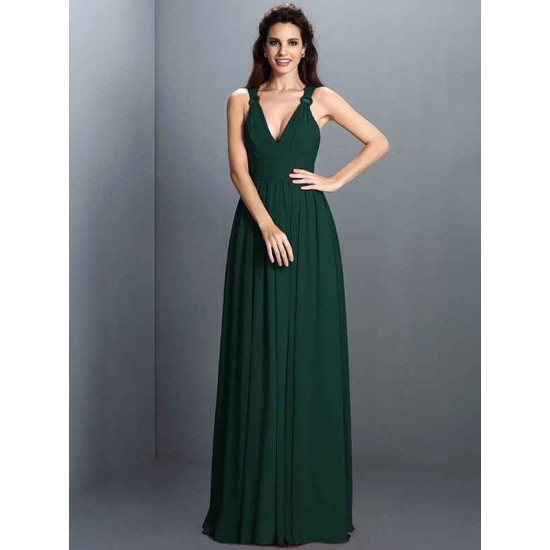 V-Neck Elegant Pleats Sleeveless Long Chiffon Bridesmaid Dresses
