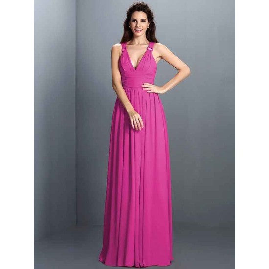 V-Neck Elegant Pleats Sleeveless Long Chiffon Bridesmaid Dresses